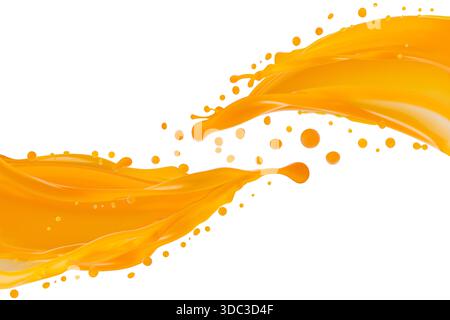 Flows of fresh orange color carrot or mango juice connect with dynamic splashes, flying drops, isolated on white background. Healthy organic drink for Stock Photo