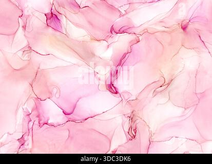 Abstract alcohol ink liquid luxury delicate pastel pink contemporary background. Hand made fluid stains, splashes pattern. Marble effect texture. Spac Stock Photo