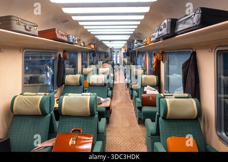 1974 TEE Mistral 69, first class compartment carriage / passenger railroad car at Train World, railway museum in Schaerbeek / Schaarbeek, Belgium Stock Photo