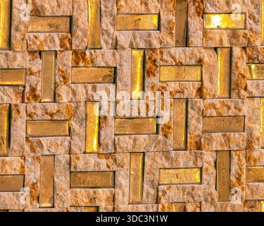 Luxury Gold Accent Stone Wall with Geometric Pattern and Ambient Lighting for Modern Interior Design Copy Space Background Stock Photo