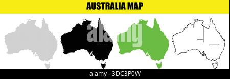 Collection of four australian continent maps in different styles including dotted outline solid black bright green and simple line art with internal d Stock Vector