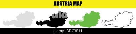 Collection of four distinct outline maps of austria presented in various graphic styles including a dotted grid a solid black silhouette a vibrant gre Stock Vector