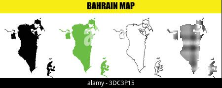 Collection of bahrain map illustrations in various styles including solid black outline and pixelated dot patterns Stock Vector