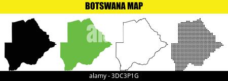 Botswana map outline in black green and dotted styles with the country name text on a yellow background Stock Vector