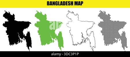 Collection of bangladesh maps in various graphic styles including silhouette, filled color, outline, and dotted patterns on a white background with a Stock Vector