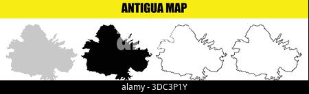 Collection of antigua island maps including a dotted outline solid filled and detailed line art representations on a white background with a yellow he Stock Vector