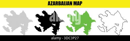 Azerbaijan map graphic illustration featuring four distinct representations including a dotted outline a solid black shape a bright green filled shape Stock Vector