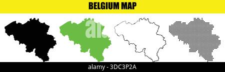 Collection of belgium maps in various graphic styles including silhouette filled outline and dotted representations on a white background with a yello Stock Vector