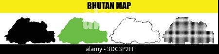 Bhutan map graphic illustration in black and neon green with outline and dot variations on white background Stock Vector
