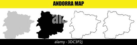 Andorra map illustration with various styles including black filled, outline, and halftone versions on white background Stock Vector