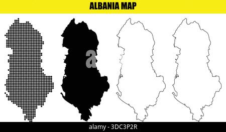 Detailed albania map in various styles including halftone dot pattern, solid black, and line art on white background for graphic design and travel pur Stock Vector