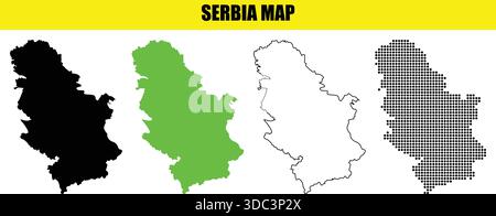 Serbia map in four different styles including solid black, bright green, outline, and dot pattern on white background Stock Vector