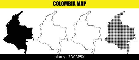 Colombia map illustrations in various styles including solid black, outline, and halftone on white background Stock Vector