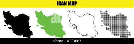 Iran map in different styles, black, green, outline, and halftone dot patterns on white background Stock Vector
