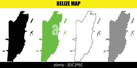 Set of belize maps including silhouette filled green outline and dotted illustrations with islands and coastlines on a white background Stock Vector