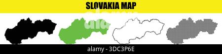 Slovakia map in different styles, including solid black, green, outline, and halftone versions for various design uses Stock Vector