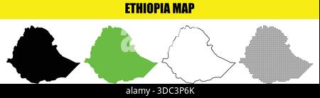 Ethiopia map in four different styles, black silhouette, green filled, white outline, and gray halftone, on a white background, with yellow banner Stock Vector