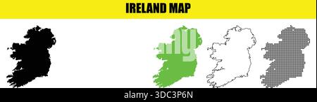 Ireland map in different styles, black, green, outline, and halftone, isolated on white background Stock Vector