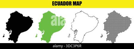 Ecuador map in various styles, including black silhouette, green filled, outline, and halftone dot patterns on white background Stock Vector