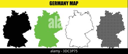 A collection of four stylized maps of Germany (Deutschland). The set features a solid black silhouette, a green flat design map, a simple black outlin Stock Vector