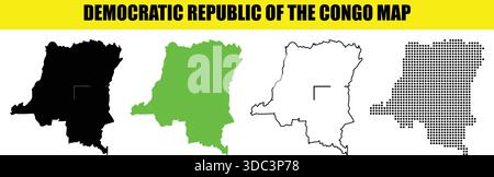 Vector map of the Democratic Republic of the Congo (DRC) shown in multiple styles including a solid silhouette, colored shape, clean outline and halft Stock Vector
