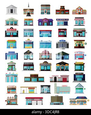 Storefront and Public Building Icons Set. Colorful 3d Vector Set of City Buildings, Shops, Services. Market, Bank, Hotel, Hospital, Various Retail Stock Vector