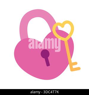 Cartoon lock heart and key. Isolated white background. Vector illustration. Stock Vector