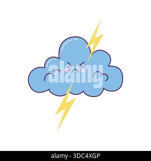 Cute angry storm cloud with lightning in kawaii hand drawn style Stock Vector