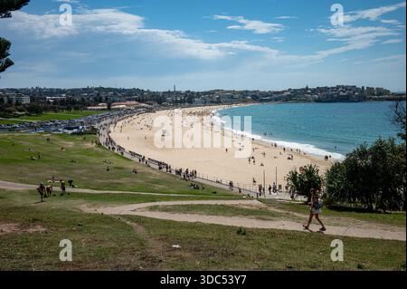 A scenic view from the north Bondi grassy knoll at Biddigal Reserve. A person walks along the coastal trail with other visitors dispersed on the grass. Stock Photo