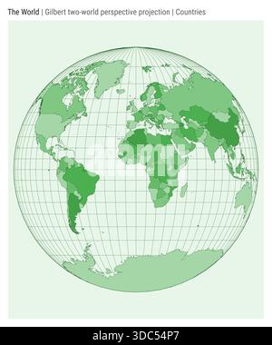 World Map. Gilbert two-world perspective projection. Countries style. High detail map for infographics, education, reports, presentations. Stock Vector
