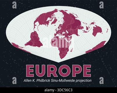 Europe. World map. Allen K. Philbrick Sinu-Mollweide projection centered to Europe. Pale Mint Dark Pink palette. Vintage texture. Stock Vector