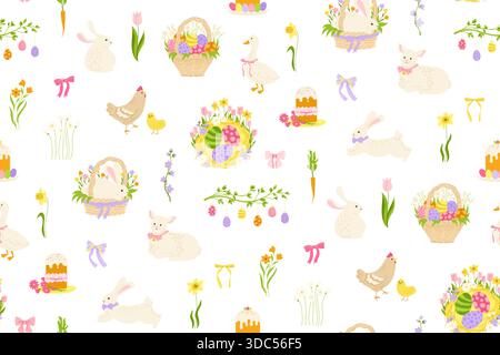 Easter elements hand drawn seamless pattern. Easter eggs, eggs cakes, rabbit chicken goose, lamb trendy boundless background. Easter holiday cheerful endless design for print wrapper backdrop template Stock Vector