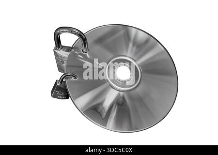 Data CD and two U-locks, small and large U-lock, secured data on CD, black and white reflection in the CD, image with white background, U-lock is clos Stock Photo