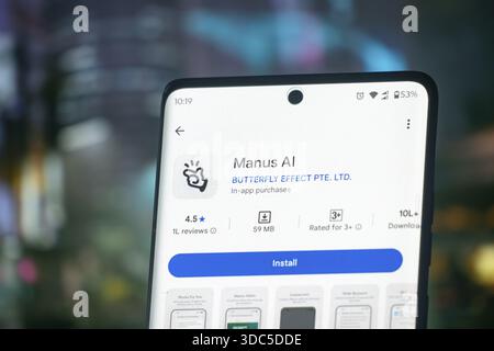 Manus AI app page displaying install option with ratings and download information Stock Photo