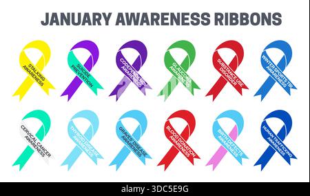January Awareness Ribbons Set for Stalking, Suicide, Codependency, Glaucoma, Substance Use Disorder, Wintersports TBI, Cervical Cancer, Thyroid Diseas Stock Vector