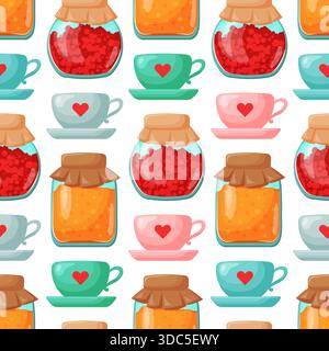 seamless pattern with jam jars and teacups. For menu and seasonal designs Stock Vector