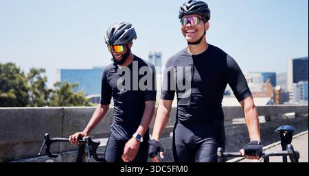 Friends, sports and men with bicycle in city for exercise, training and fitness together outdoor. Happy, town and people laugh for conversation on Stock Photo