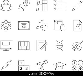 Education and Learning Line Icon Set: Academic Subjects, School Supplies, and Creative Arts Minimalist Vector Illustrations Stock Vector