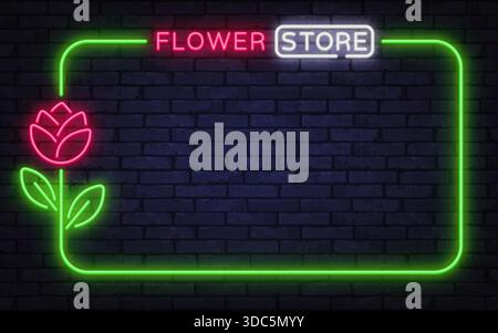 Elegant neon vector frame with flower store lettering and floral icon. Designed for boutique signage, seasonal sales, and decorative layouts. Stock Vector