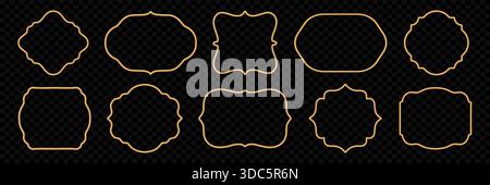 Golden 3d frame set on black background. Oriental style shiny realistic ornamental shapes, Islamic windows, Indian border, decorative element. Vector Stock Vector