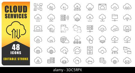 Modern Cloud Services Line Icon Set Featuring Editable Stroke Icons For Cloud Computing, Storage, Sync, Security, Backup, Network, And Data Management Stock Vector