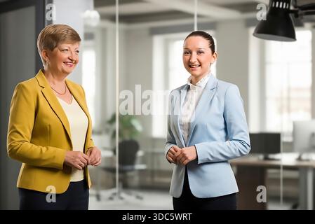 Two women sitting on a couch, both using laptops. One of the women is wearing a yellow jacket Stock Photo