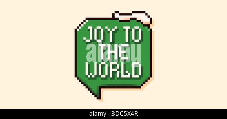 Joy to the world pixel art speech bubble with a green background and snow peaks. Stock Vector