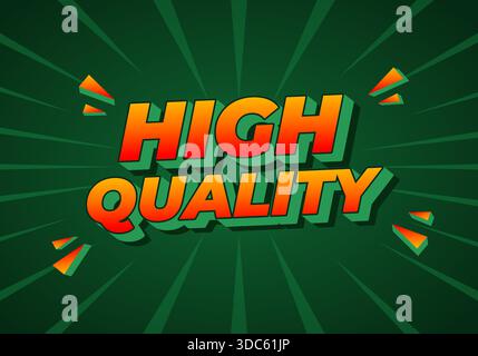 A vibrant graphic design featuring the words high quality in bold, colorful typography with a green background and dynamic rays emanating from the tex Stock Vector