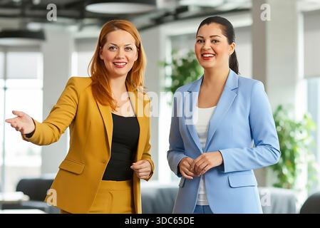 Two women in business suits are walking in a room with a projector screen. They are discussing something important Stock Photo