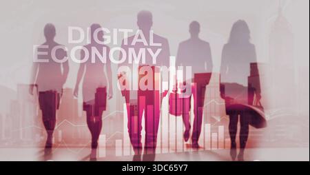 Digital economy concept with futuristic technology interface and data flow visualization. Stock Photo