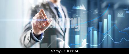 3D charts with up arrows, business panel on virtual screen. Stock Photo