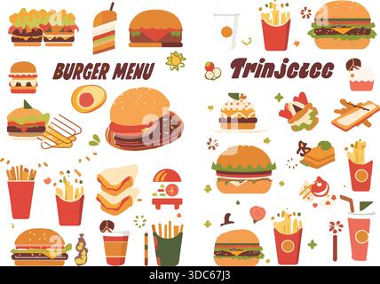 Colorful fast food menu icons with burgers, fries, and drinks Stock Vector