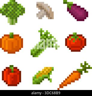 Vegetables Icons Pixel Art Set Stock Vector