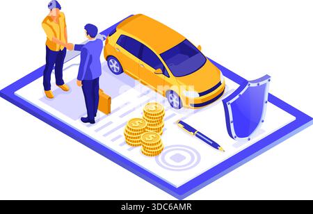 Car Insurance Isometric Concept for Poster, Web Site, Advertising with Car Insurance Policy, calculator, people handshake, money and shield. isolated Stock Vector